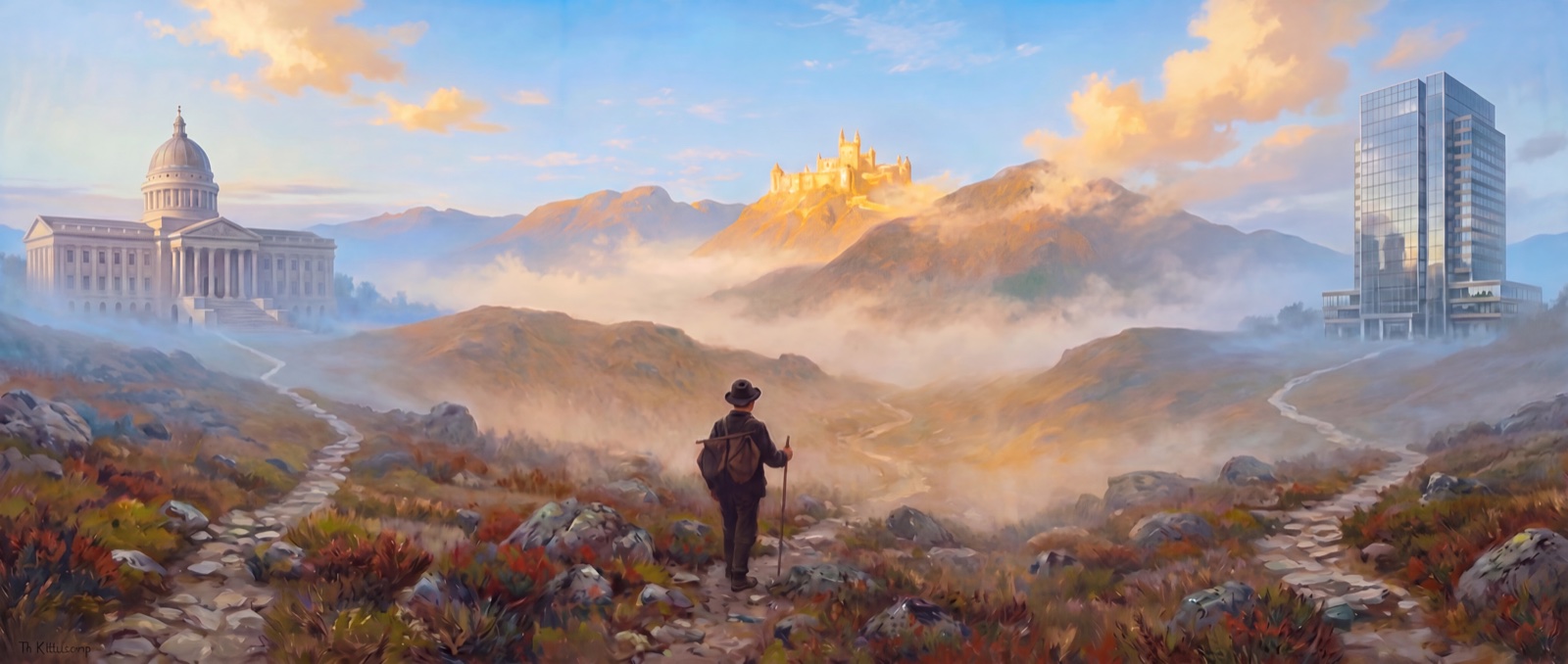 A traveler choosing his own path between two well-trodden roads — the institutional and the corporate